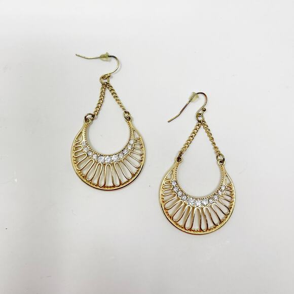 Gold Tone Rhinestone Dangle Drop Earrings Open Work Fashion Costume Statement - Picture 1 of 4